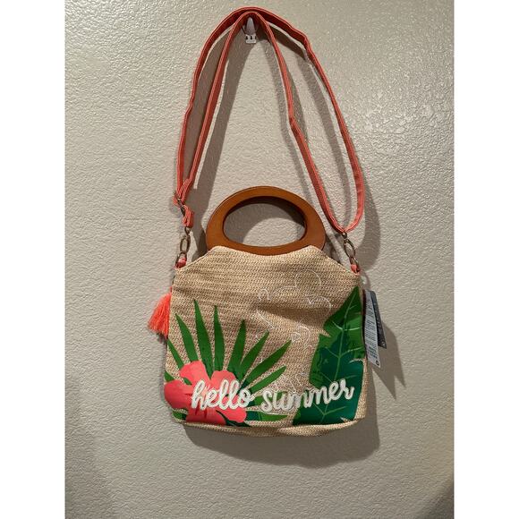 NWT Disney Parks Mickey Mouse Silhouette Tropical Hello Summer Raffia Handbag - Picture 2 of 7